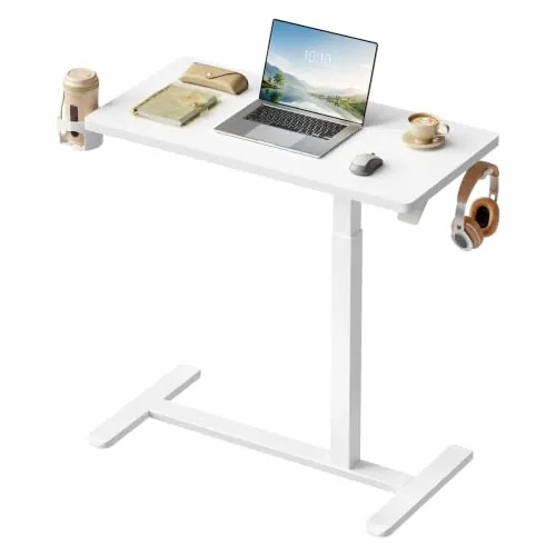 WOLTU Escritorio con Ruedas, Mesa Auxiliar Altura Ajustable, 80x40 cm | Forma C, Altura Ajustable entre 66 y 108 cm, Estructura de Acero, Soporte para Vaso y Auriculares, para Sofá y Cama, Blanco