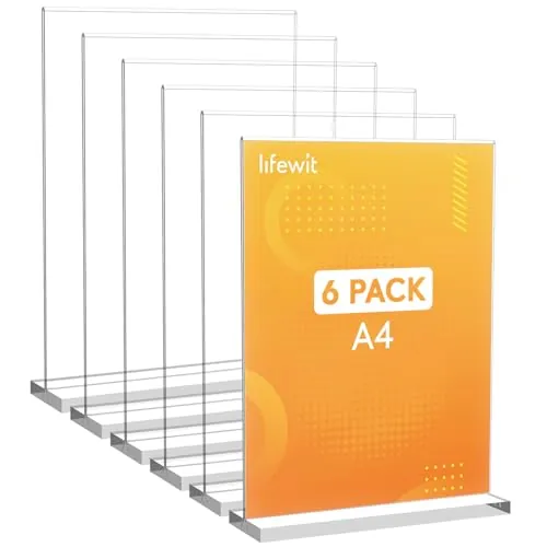 Lifewit 6 Pack A4 Soporte Acrílico para Carteles, Soporte Vertical Transparente de Doble Cara, Marco de Fotos de Plástico, Pantalla de Papel para Recepción, Oficina, Restaurante, Hotel, 30 x 21 cm