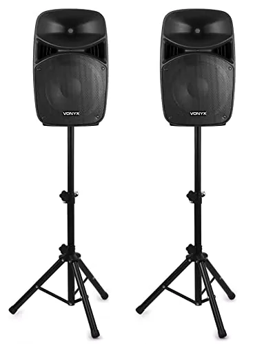 Vonyx VPS122A – Altavoz portatil Bluetooth Potente 800W con 2 Altavoces 12", USB, trípodes y micrófono, Equipo de Sonido Profesional para Eventos presentaciones y DJ, Color Negro