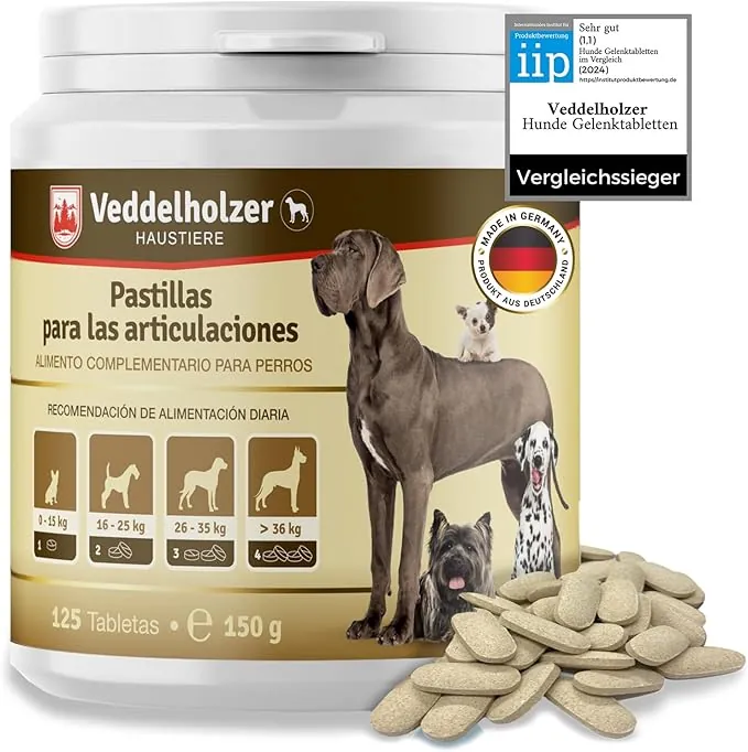 Los Comprimidos condroprotector Perros para articulaciones Veddelholzer con MSM, harpagófito glucosamina colágeno para Fortalecer los Huesos, Fabricadas en Alemania, 125 cápsulas con hialurón