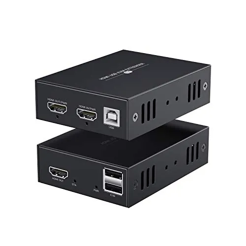 PWAYTEK Extensor KVM HDMI 1080p@60Hz y 3D, transmisión hasta 50m (164ft) por cable Cat5e/Cat6/Cat7, control remoto de ratón y teclado, conjunto emisor y receptor (Gris)