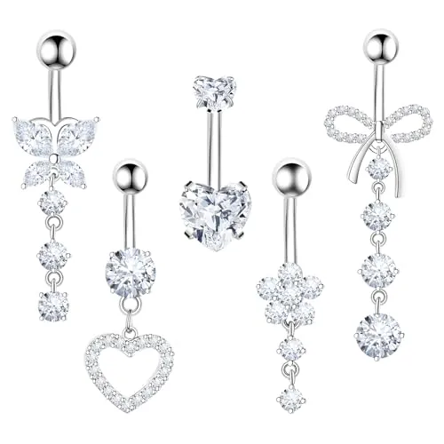 YAWYO 5 Piercings para el Ombligo, Set de Piercing de Acero Inoxidable con Forma de Corazón y Lazo para Mujeres y Niñas (Blanco)