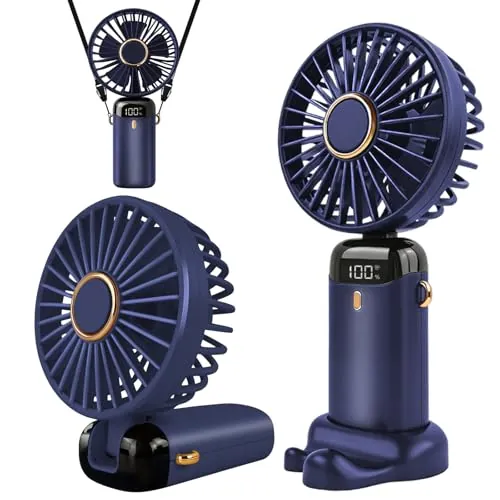 Jsdoin Ventilador de mano portátil, 5 velocidades recargable por USB,funciona con pilas, ventilador plegable de escritorio con pantalla LED para el hogar,oficina,dormitorio,viajes al aire (Azul