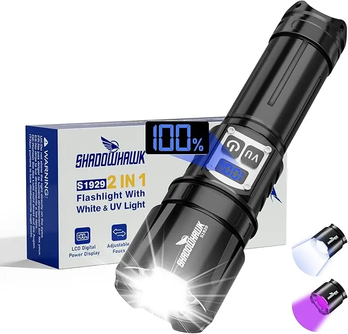 Shadowhawk 2-En-1 Linterna LED Alta Potencia Con Interruptor Doble - 1,000,000 Lumen Ajustar Del Brillo Linterna Super Potente, para Camping/Emergencias/Detección De Orina De Mascotas, Luz Linterna UV