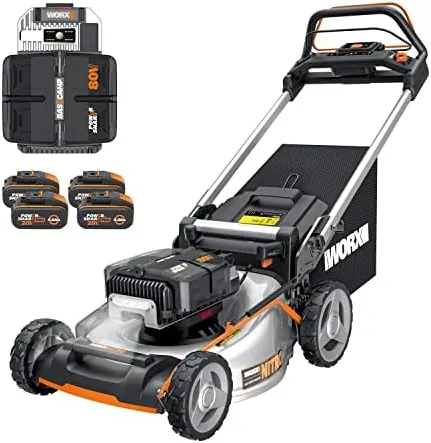 Worx Nitro - Cortacésped a batería (80 V-4,20 V, 4 Ah, WG761E -51 cm-hasta 1000 m² en una Carga (Viene con 4 Batt. 20 V, 4 Ah, un Cargador, Bolsa de 70 L, Mulching, 7 Posiciones de Corte)