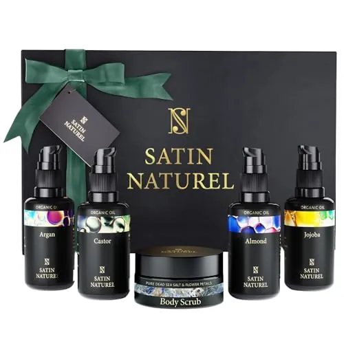 Satin Naturel Set de Regalo de Lujo – Set 5x30 ml con Aceite de Argán Bio, Aceite de Ricino, Aceite de Almendras, Aceite de Jojoba & Exfoliante Corporal con Sal del Mar Muerto – Para Mujer
