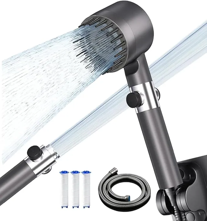 Alcachofa de Ducha con Filtro,Alcachofa Ducha Antical con Manguera de 1.5M,Filtro Ducha 3 +1 Modos de Rociado Cabezal de Ducha de Alta Presión con filtro y botón de OFF/ON, Eliminación de Cloro,Grey