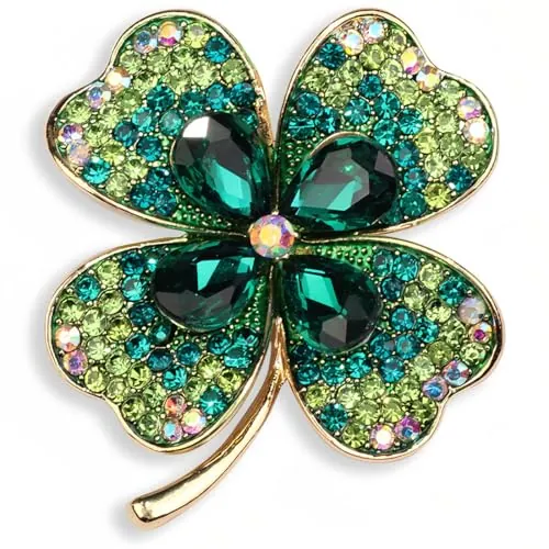 EAVUYIS Broche de Trébol de Cuatro Hojas, Cristal Verde, Clip de Chal de Aleación para Mujeres, Niñas, Bodas, Fiestas, Accesorios