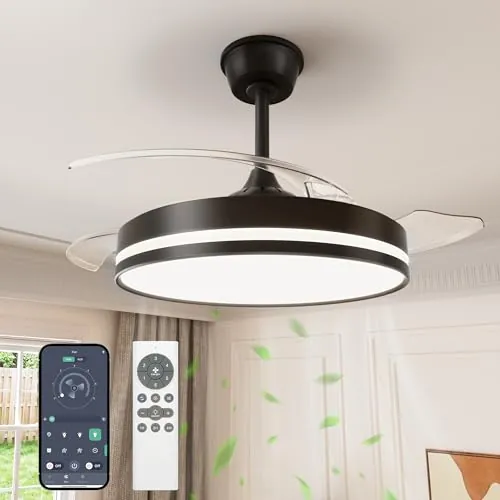 VOLISUN Ventilador de Techo con Luz aspas Retráctiles, Ultra-Silencioso Motor DC, CCT 3000-4000-6000K, Mando a Distancia - 50W Lámpara de Techo con Ventilador Moderno（(Negro, 106cm)