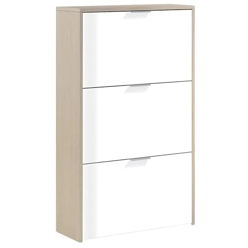 Habitdesign Zapatero 3 Puertas, Zapatero Estrecho, Acabado en Color Blanco Brillo y Roble Canadian, Medidas: 60 cm (Largo) x 113 cm (Alto) x 22 cm (Fondo)