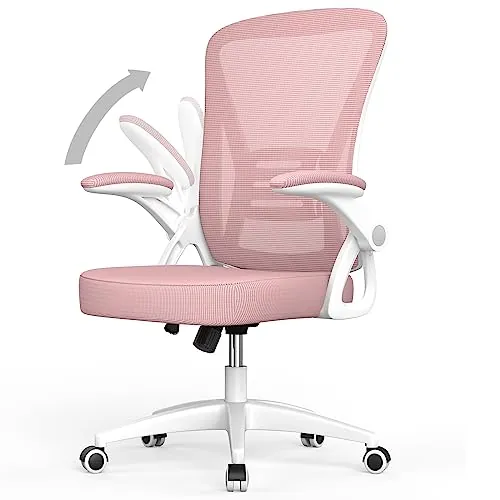 naspaluro Silla de Oficina, Silla de Ergonomica Escritorio, Altura Regulable, Respaldo de Malla Transpirable con Soporte Lumbar, Reposabrazos Abatibles 90°, para el Hogar y la Oficina, Rosa