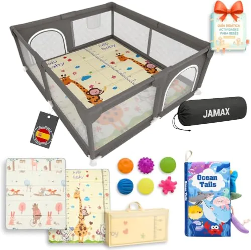 JAMAX Parque Infantil Bebe | Corralito bebe | Parque bebe Alfombra Acolchada Reversible 1,5 cm de Grosor + 6 Pelotas Sensoriales +Libro Sensorial + Bolsa transporte (150x180)