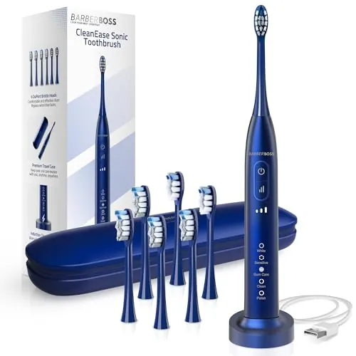BarberBoss Cepillo de dientes sónico para adultos, cepillo de dientes eléctrico recargable con 5 modos de limpieza, 3 niveles de intensidad, sensor de presión inteligente (Azul Marino)