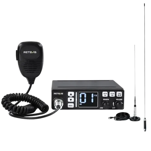 Retevis MB63 Radio CB con Antena, Kit Completo con Función PA, Pantalla LCD, Am/FM, ANL, VOX, SQ/ASQ, EMG CH9/19, Radio CB Móvil para Coche(1 Pieza,Negro)