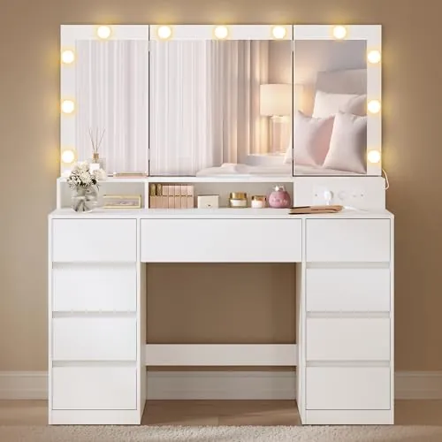 VASAGLE Tocador con Espejo, 3 Colores de Luz, Brillo Ajustable, 9 Cajones | Mesa de Maquillaje, 9 Cajones, Moderno, Blanco Nube, Kailyn Colección RDT146WB01