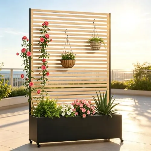 CSstone Huerto Elevado con Pantalla de privacidad, Jardinera metálica con Enrejado, Jardinera Independiente con Orificios de Drenaje y Ruedas para Flores y Verduras en el jardín, Patio o balcón.