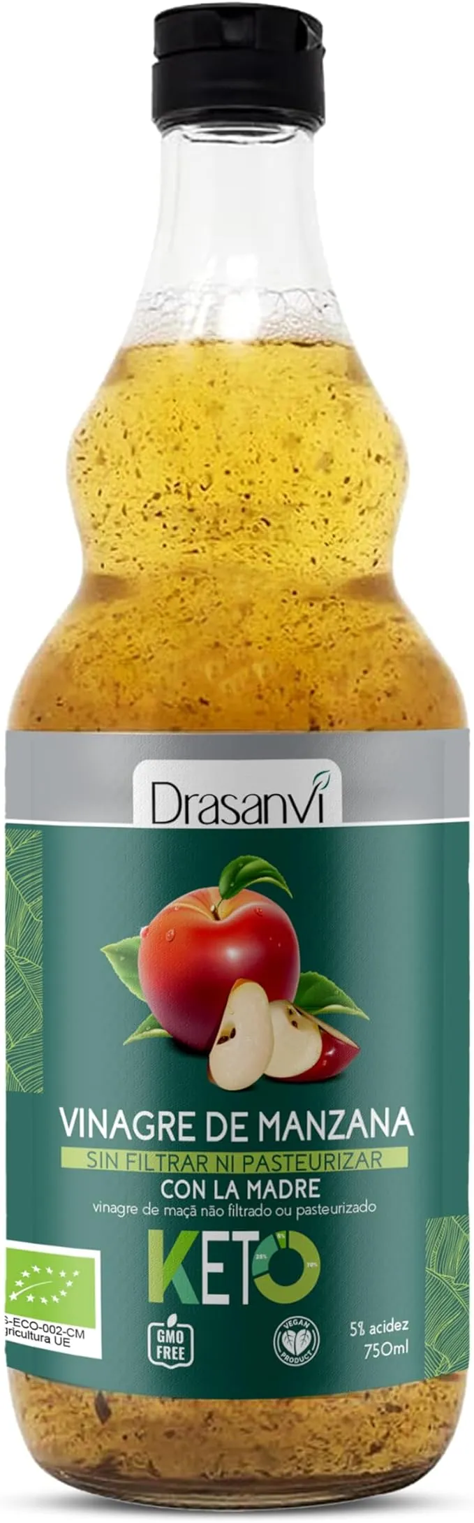 DRASANVI VINAGRE DE MANZANA MADRE SIN FILTRAR CERTIFICADO BIO | Vinagre de sidra de manzana KETO | Apple Cider Vinegar |Manzanas ecologicas | VEGANO - SIN GLUTEN - 75cl