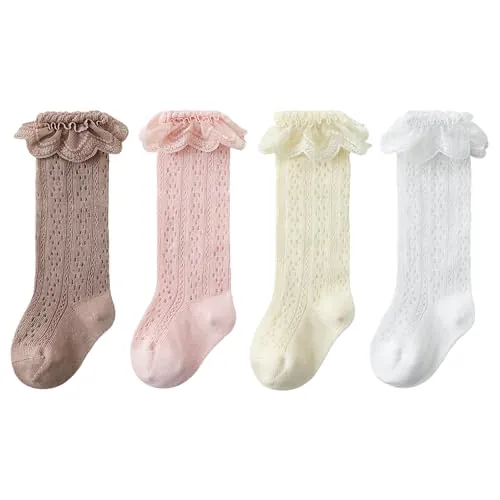 QKURT 4 pares de calcetines para niñas pequeñas, medias de algodón con encaje, calcetines largos de verano de malla fina para niños pequeños de 6 meses a 3 años