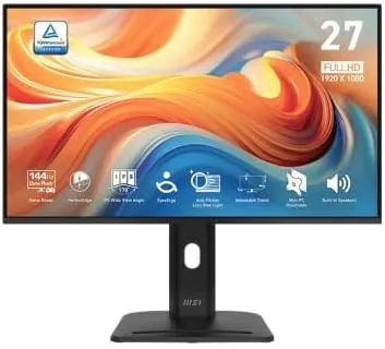 MSI Pro MP275PG E14 Monitor Profesional FHD de 27 Pulgadas, 1920x1080 IPS, 144Hz, 1ms, HDR Ready, Eye Care, Altavoz Integrado, HDMI 2.0, DP 1.2a, Ajustable en inclinación, Altura, Soporte Vesa, Negro