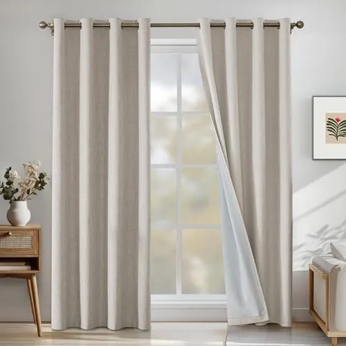 CYCMACO 100% Cortinas Opacas 2 Piezas, 140x280cm, Cortina Opaca Termica Aislante, Lino Cortinas Acusticas Antiruido, Cortina Salon Modernas con Ojales, para Habitacion Comedor, Café Claro