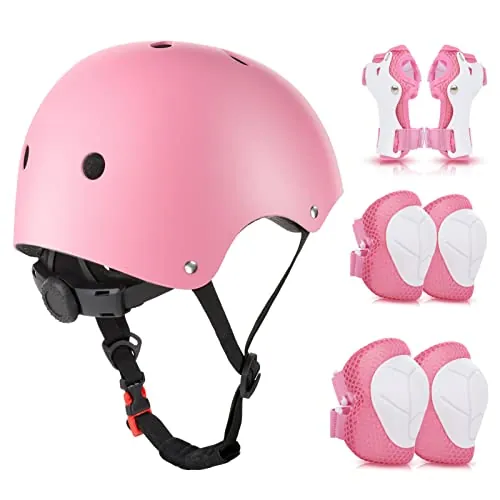 WayEee Equipo de Protección Infantil 7PCS, Protecciones Patines incluye Casco Rodilleras Coderas y Muñequeras para Ciclismo Monopatín Patinaje y otros Deportes(Rosa)