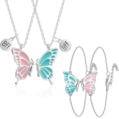 Conjunto de Collar de la Amistad, Collar BFF, Collar de 2 Mariposas y 2 Pulseras de Mariposa, Collar de la Amistad, para niñas, Regalos de cumpleaños, Regalos de Cadena Colgante