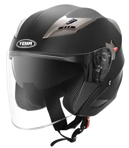 Casco Moto Jet ECE Homologado - YEMA YM-627 Casco Moto Abierto Custom Scooter para Mujer Hombre Adultos con Doble Visera-Negro Mate-L