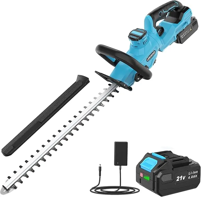 Cortasetos Bateria, LEEIKOO Cortasetos Eléctrico con 4.0Ah Bateria, 180° Ajustable Podadora, 51 cm Longitud Hoja, 16 mm Espacio Entre Dientes, Cubierta Cuchillas para Setos, Ramas, Arbustos, Ramitas