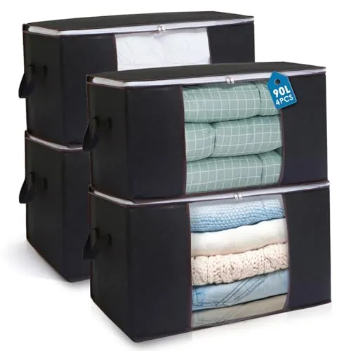 AIOR 4pcs Bolsa de Almacenamiento de Ropa Plegable, 90L Grandes Cajas de Almacenaje Ropa con Mango Reforzado, No-Tejida Organizador Guardar para Edredones Mantas, 60x40x35cm (Negro)