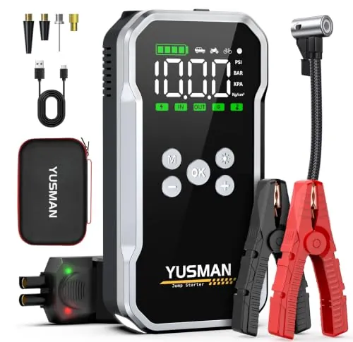 YUSMAN Arrancador de Baterias de Coche con Compresor de Aire, 12V 9000A Arrancador Coche Portatil con Inflador de 160 PSI (para All Gasolina o 10.0L Diesel), Linterna LED de Emergencia