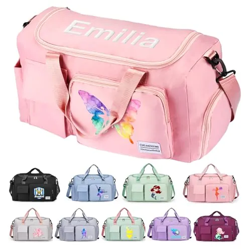 Bolsa Deporte Niña Personalizada con Nombre y Diseño Bordados, Bolsa Gym Mujer con Compartimiento Húmedo-Seco y Zapatero Regalo Ideal para Niñas Mujeres para Natación Danza y Viajes