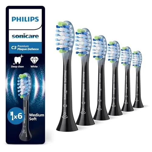 Philips Sonicare C3 Premium Plaque Defence, cabezales de cepillo dental de repuesto originales, negro, paquete de 6, HX9046/88