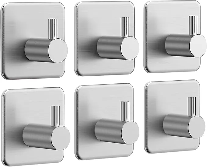 Auxmir Ganchos Adhesivos para Pared, Acero Inoxidable Colgador Toallas sin Taladro, Toalleros Autoadhesivo Extrafuerte para Baño Cocina Albornoz Trapos, Gris, 6 Piezas
