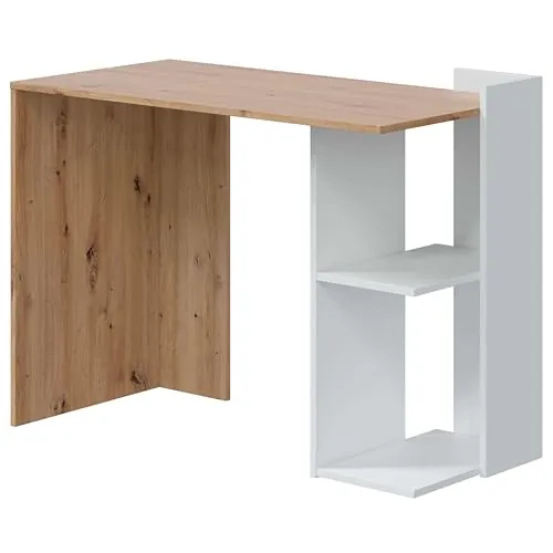 Habitdesign - Mesa de Estudio Reversible con Estantes, Escritorio, Mesa de Despacho, Color Roble Nodi y Blanco Artik, 100x78x52 cm - Modelo Kenia