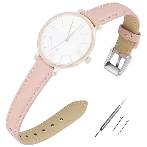 EACHE Correas de Reloj de Piel Flor para Mujer Correas de Cuero para Dama Resistentes al Sudor, Hebilla de plata rosa, 16mm
