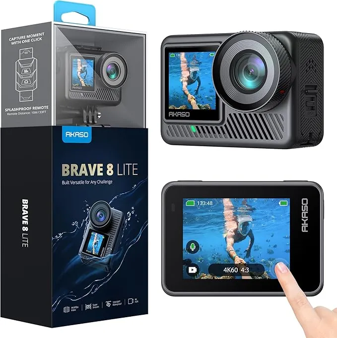 AKASO Brave 8 Lite Cámara Deportiva 4K 60FPS WiFi 20MP Cámara de Acción con Pantalla Táctil Estabilización SuperSmooth Cámara Acuatica Sumergible 60M 4X Zoom Baterías 2x1550mAh
