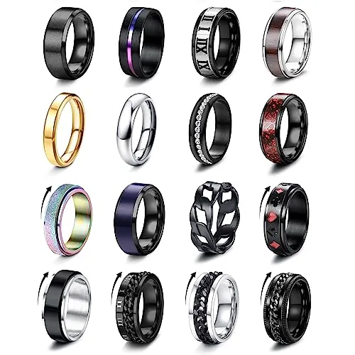 Adramata 16 Anillos Hombre: Anillos de Acero Inoxidable Negro y Plata para Ansiedad y Antiestrés