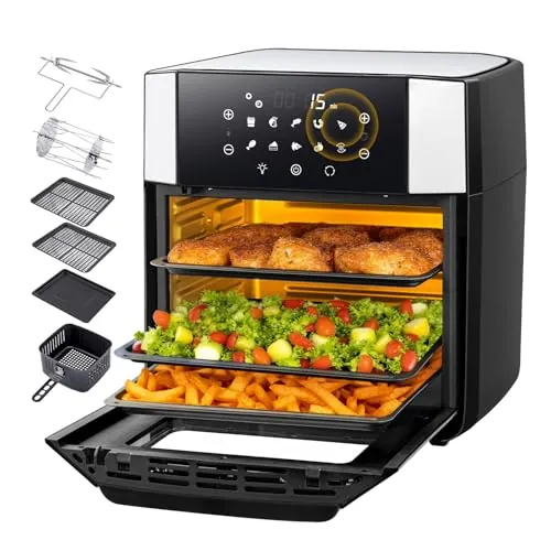 LLIVEKIT 15L Freidora de Aire, 90% Menos de Aceite Air Fryer, 10 Funciones Horno de Aire Caliente, Mini Horno con 7 Accesorios, Freidora sin Aceite con Ventana Visual, Pantalla LED Táctil, 1800W