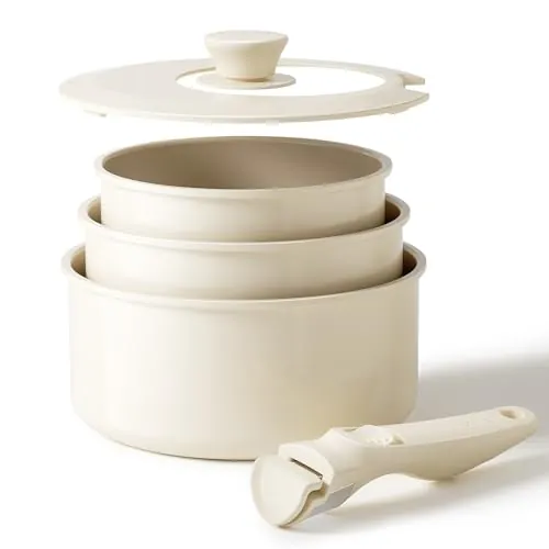 Redchef Juego de ollas de cerámica antiadherente de 16/18/20 cm con asas desmontables y tapa hermética 3 en 1, cacerolas de cocina induccion compatibles con todo tipo de cocinas, aptas para horno