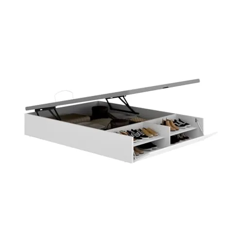 DEKIT Canapé Abatible LAN 135x190 cm Blanco con Zapatero Integrado | Gran Capacidad de Almacenaje | Tapa 3D Transpirable y 4 valvulas de aireación | Pistones Hidráulicos | Reforzado