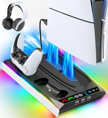 Soporte para PS5/Pro/Slim y Refrigeración para PS 5 Disc & Digital, Cargador para PS5 & Edge Mando, Ventilador Automático PlayStation 5 de 3 Velociadades 3 USB HUB