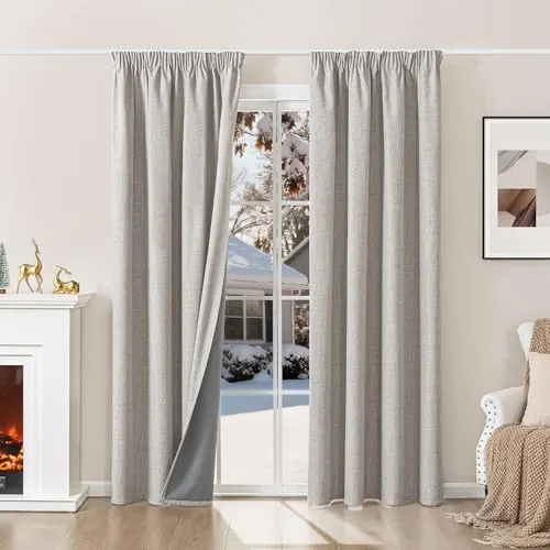 100% Cortinas Opacas Salón de Lino Termica Aislante con Cinta Fruncidora | 140x220cm,Gris Beige,2 Paneles,Cortinas para Dormitorio,Corta,Moderna,Aspecto Lino,Proteccion UV y Privacidad,OEKO-TEX