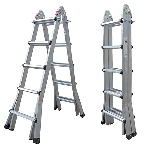 UZIRO Escalera Telescópica Plegable Articulada de Aluminio 4x5, Multiposición Extensibles, 5,19 M, 5 Peldaños, Soporta hasta 150 KG, Plegable y Compacta, Gris