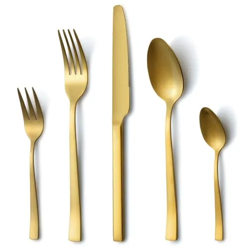 Hunnycook Juego de cubiertos de oro, Cubiertos acero inoxidable para 6 personas, 30 piezas, dorado mate, para el hogar, cocina, restaurante, pulido, apto para lavavajillas