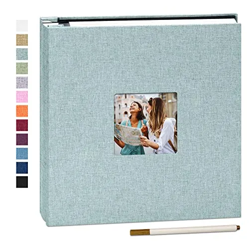 Yopih Álbum de Fotos Autoadhesivo 28x27 cm 40 Páginas para Fotos 10x15 13x18, Álbum Scrapbook de Lino para Pegar y Escribir, Con Bolígrafo Metálico, Regalo Familia Bodas Viajes, Turquesa