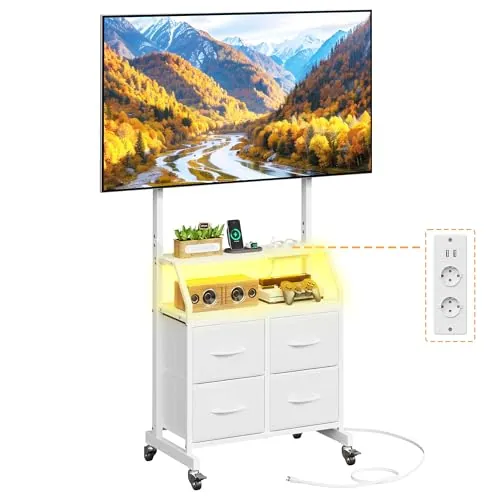 OYRREU Soporte TV con Ruedas, LED y Enchufes Integrados, Soporte TV 32–75"