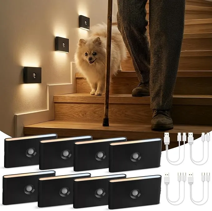 Luz Nocturna con Sensor de Movimiento/Crepuscular a Pilas, Lampara LED Recargable 3 Modos AUTO ON/OFF, Luz Noche Regulable Blanco Cálido/Natural/Frío para Escalera, Pasillo, Cocina, Sótano, 8 Piezas