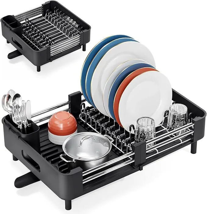 KINGRACK Escurridor de Platos, Escurreplatos Extensible, Escurridor de Platos Acero Inoxidable con Portautensilios Extraíble, Escurreplatos sobre Fregadero con Caño de Drenaje, Negro