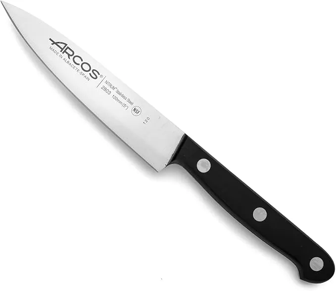 Arcos Cuchillo Chef Acero Inoxidable. Cuchillo cocina para cortar y pelar alimentos pequeños. Mango ergonómico polioximetileno y Hoja 120 mm. Serie Universal. Color negro.