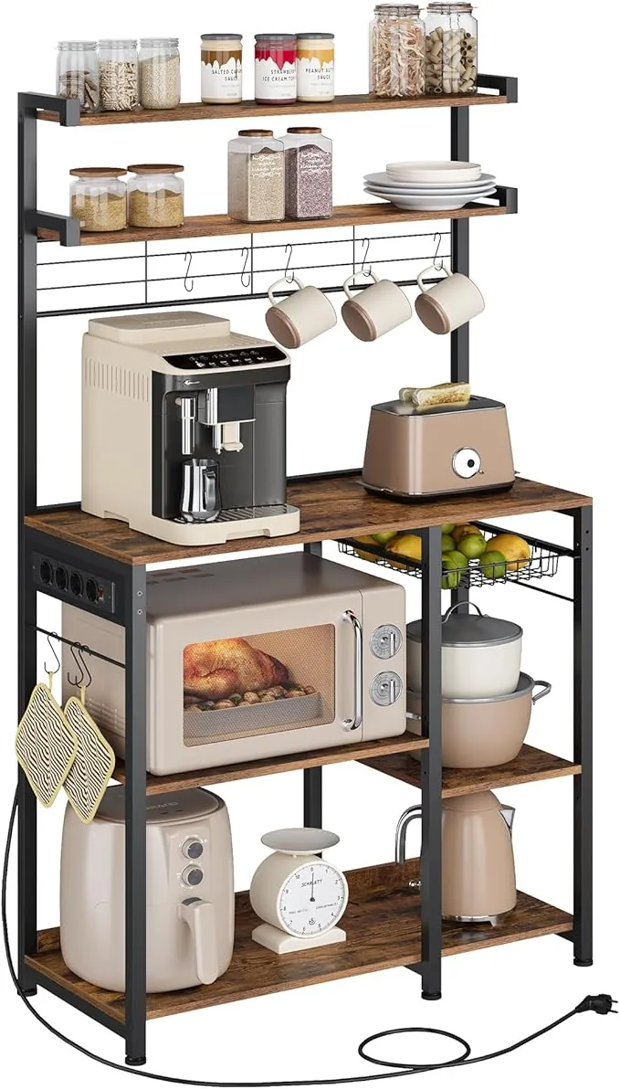 VASAGLE Estantería de Cocina con Enchufes, Estantería de Panadería, Barra de Café, 8 Ganchos en S, Cesta, Especiero, 40 x 90 x 165,5 cm, Marrón Rústico y Negro Tinta KKS031K11
